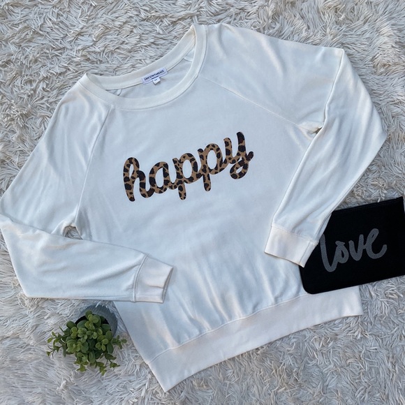 Grayson Threads Crewneck “Happy” Leopard Graphic 💗 Ivory & Brown